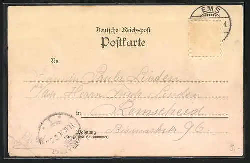 Lithographie Bad Ems, Kesselbrunnen, Ortsansicht vom Kurberg aus, Kriegerdenkmal