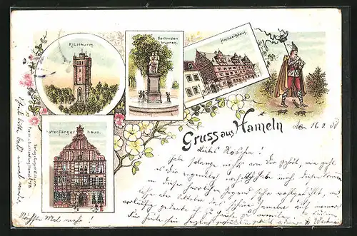 Lithographie Hameln, Hochzeitshaus, Rattenfängerhaus, Klütthurm