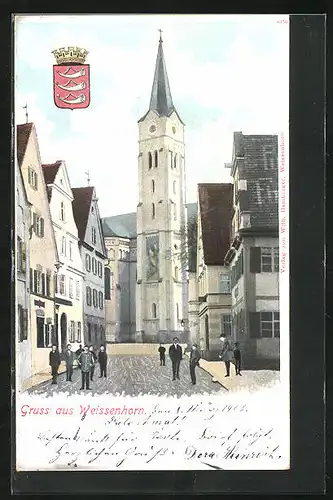 AK Weissenhorn, Strassenpartie bei der Kirche, Wappen