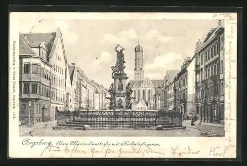AK Augsburg, Obere Maximilianstrasse mit Herkulesbrunnen