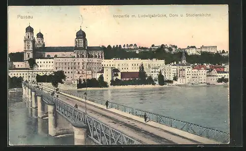 AK Passau, Innpartie mit Ludwigsbrücke, Dom und Studienkirche