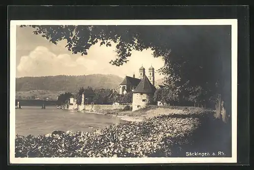 AK Säckingen a. Rh. Uferpartie mit Kirche