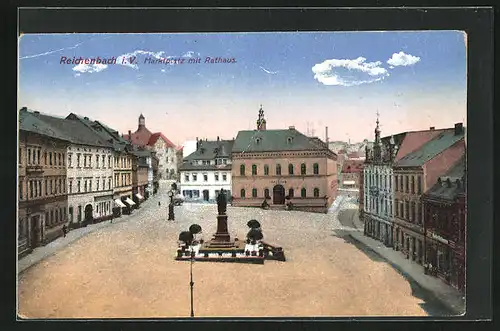 AK Reichenbach i. V., Marktplatz mit Geschäften, Rathaus und Denkmal