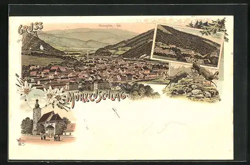 Lithographie Mürzzuschlag, Hôtel Lambach, Kirche, Totalansicht