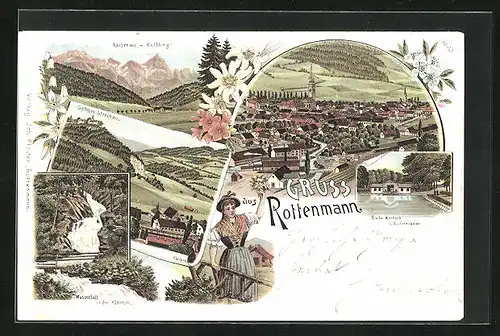 Lithographie Rottenmann, Bade Anstalt, Klamm, Wasserfall