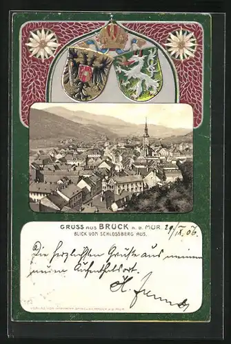 Lithographie Bruck a. d. Mur, Ausblick vom Schlossberg, Wappen