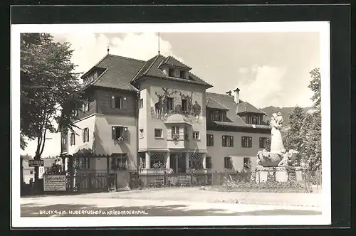 AK Bruck a. d. M., Gasthaus Hubertushof und Kriegerdenkmal