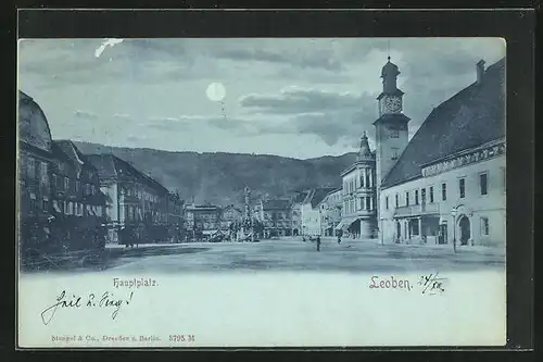 Mondschein-AK Leoben, Ansicht vom Hauptplatz