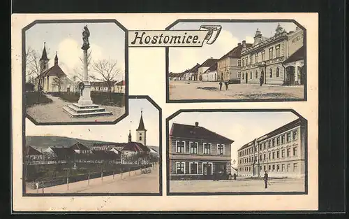 AK Hostomice, Teilansicht mit Kirche, Mariensäule