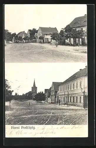 AK Horni Podcaply, Strassenpartie mit Blick zur Kirche, Häuser