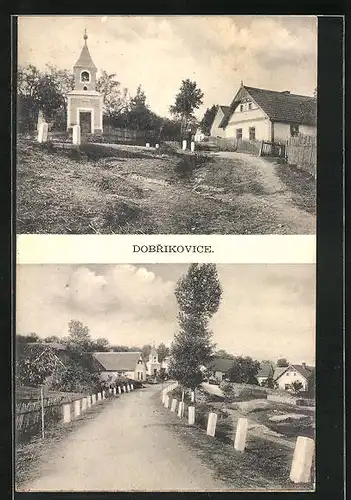 AK Dobrikovice, Strassenpartie am Ortseingang, Kleine Kapelle