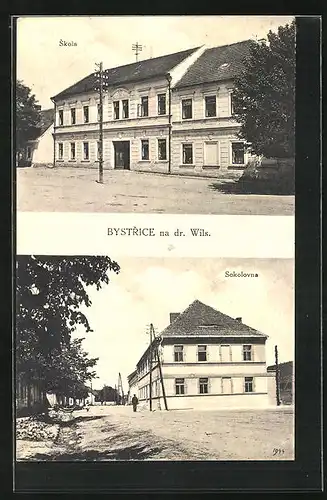 AK Bystrice na dr. Wils., Skola, Sokolovna, Schule und Gebäude der Turnerschaft