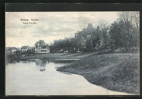 AK Böhm. Aicha, Uferpartie mit Park