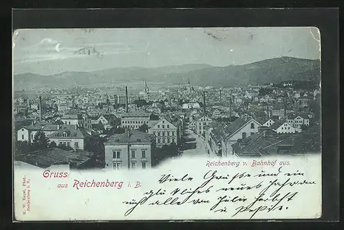 Mondschein-AK Reichenberg / Liberec, Panorama mit Gebirge