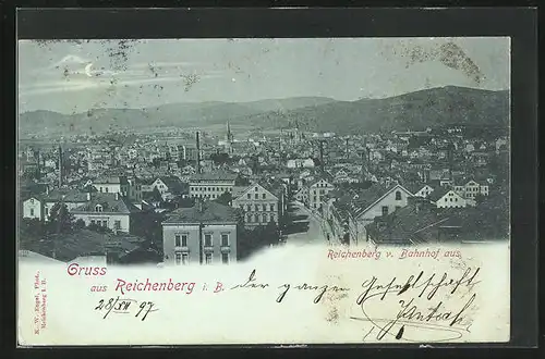 Mondschein-AK Reichenberg / Liberec, Ortsansicht vom Bahnhof aus