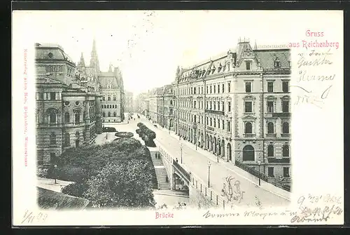 AK Reichenberg / Liberec, Brücke mit Grünanlage