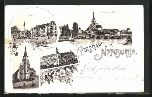 Lithographie Nimburg / Nymburk, Kral mesto, Namesti, Mest skola