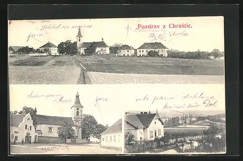 AK Chrastice, Kirche, Ortspartie, Panorama