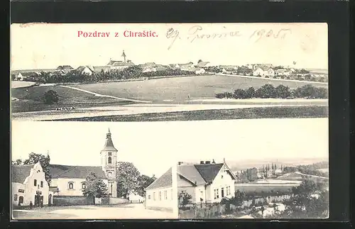 AK Chrastice, Kirche, Ortspartie, Panorama