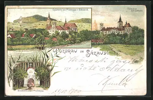 Lithographie Sazava, Opatstvi sv. Prokopa, Studanka sv. Prokopa Sazava od vychodu