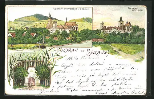 Lithographie Sazava, Opatstvi sv. Prokopa, Studanka sv. Prokopa Sazava od vychodu