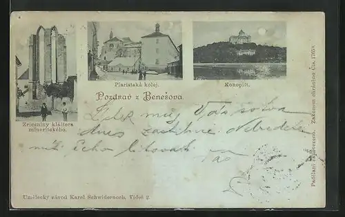 Mondschein-AK Beneschau / Benesov, Zriceniny klastera minoritskeho, Piaristska kolej, Konopist