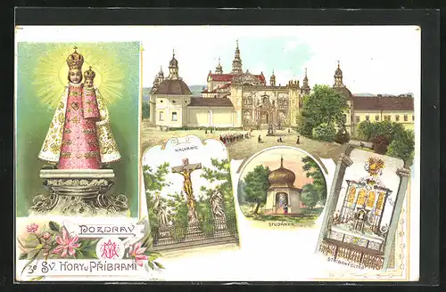 Lithographie Svatá Hora, Kloster, Kalvarie, Stribrny oltar, Studánka