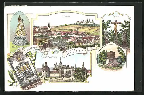 Lithographie Svatá Hora, Kloster, Kostel Svatohorsky, Kalvarie, Studánka