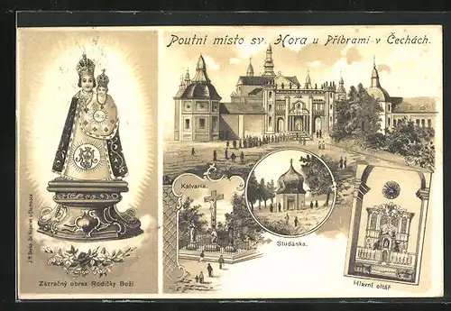 Lithographie Svatá Hora, Kloster, Hlavni oltár, Kalvaria, Studánka