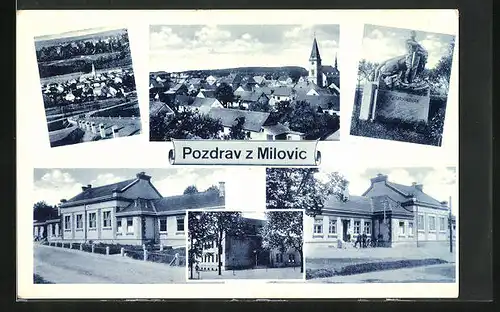 AK Milowitz / Milovice, Denkmal, Teilansicht mit Kirche