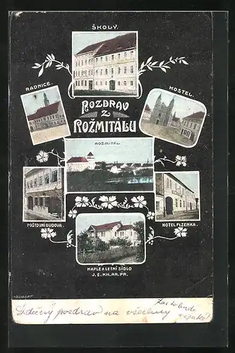 AK Rozmital p. T., Hotel Plzenka, Skoly, Kostel, Radnice