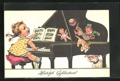 Künstler-AK Mädchen mit Spielzeug am Klavier