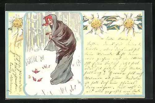 Künstler-AK Dame im Mantel im Schnee, Jugendstil