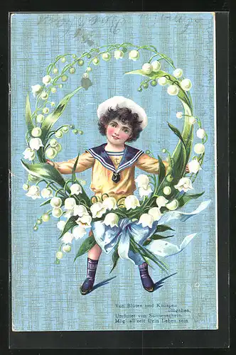 Präge-AK Kind im Matrosenanzug mit Blumenkranz