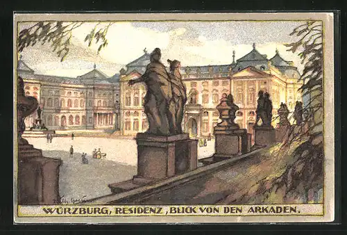 Steindruck-AK Würzburg, Residenz, Blick von den Arkaden