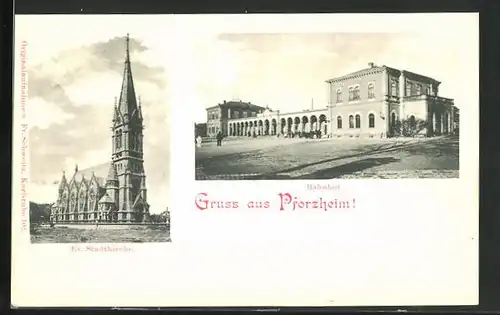 AK Pforzheim, Bahnhof, Ev. Stadtkirche