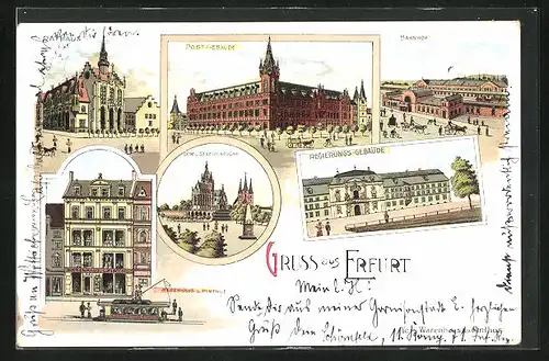 Lithographie Erfurt, Warenhaus L. Pinthus, Regierungsgebäude, Bahnhof