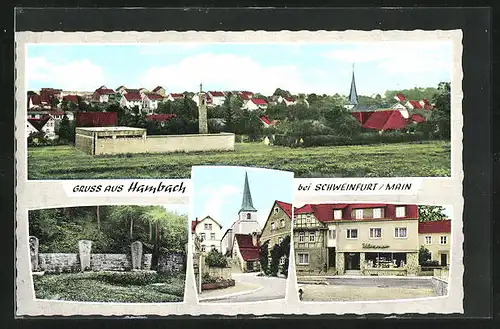 AK Hambach, Ulsamer Gemischtwaren, Friedhof, Strassenpartie mit Kirche