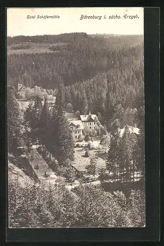 AK Bärenburg /Sächs. Erzgeb., Hotel Schäfermühle aus der Vogelschau