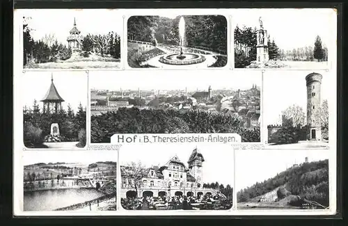 AK Hof i. B., Theresienstein-Anlagen, Brunnen, Turm, Denkmal