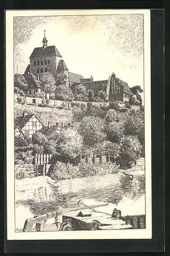 Künstler-AK Havelberg, Dom mit Stadtgraben