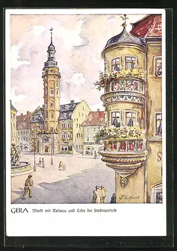 Künstler-AK Gera, Markt mit Rathaus und Erker der Stadtapotheke