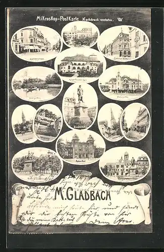 AK M.-Gladbach, Kaiser Friedrich Halle, Gladbacher Bank, Bismarck-Denkmal