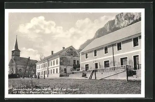 AK Wegscheid im Halltal bei Mariazell, Ortspartie mit Hotel und Pension Puhm und Kirche