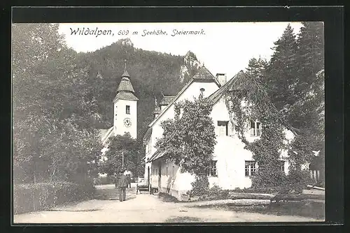 AK Wildalpen, Strassenpartie mit Kirche