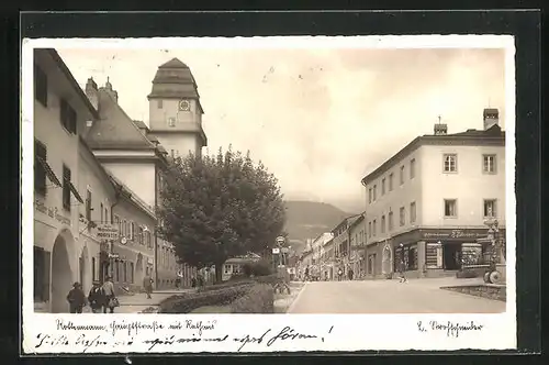 AK Rottenmann, Strassenpartie mit Geschäften und Rathaus