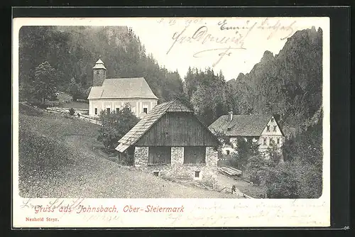 AK Johnsbach /Ober-Steiermark, Ortspartie mit Kirche