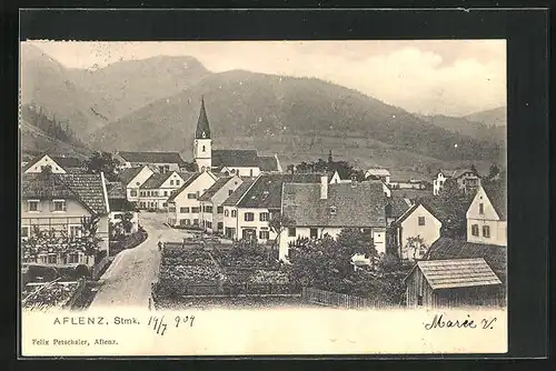 AK Aflenz, Strassenpartie mit Kirche