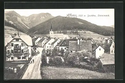 AK Aflenz, Strassenpartie mit Kirche