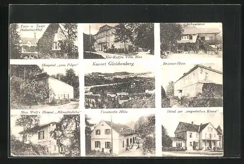 AK Gleichenberg, Kur-Café Villa Max, Hotel zur ungarischen Krone, Hospital zum Pilger